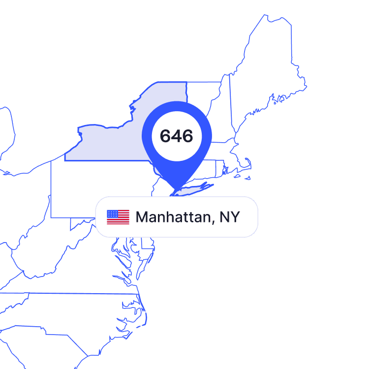 US map of 646 area code phone numbers and its coverage region