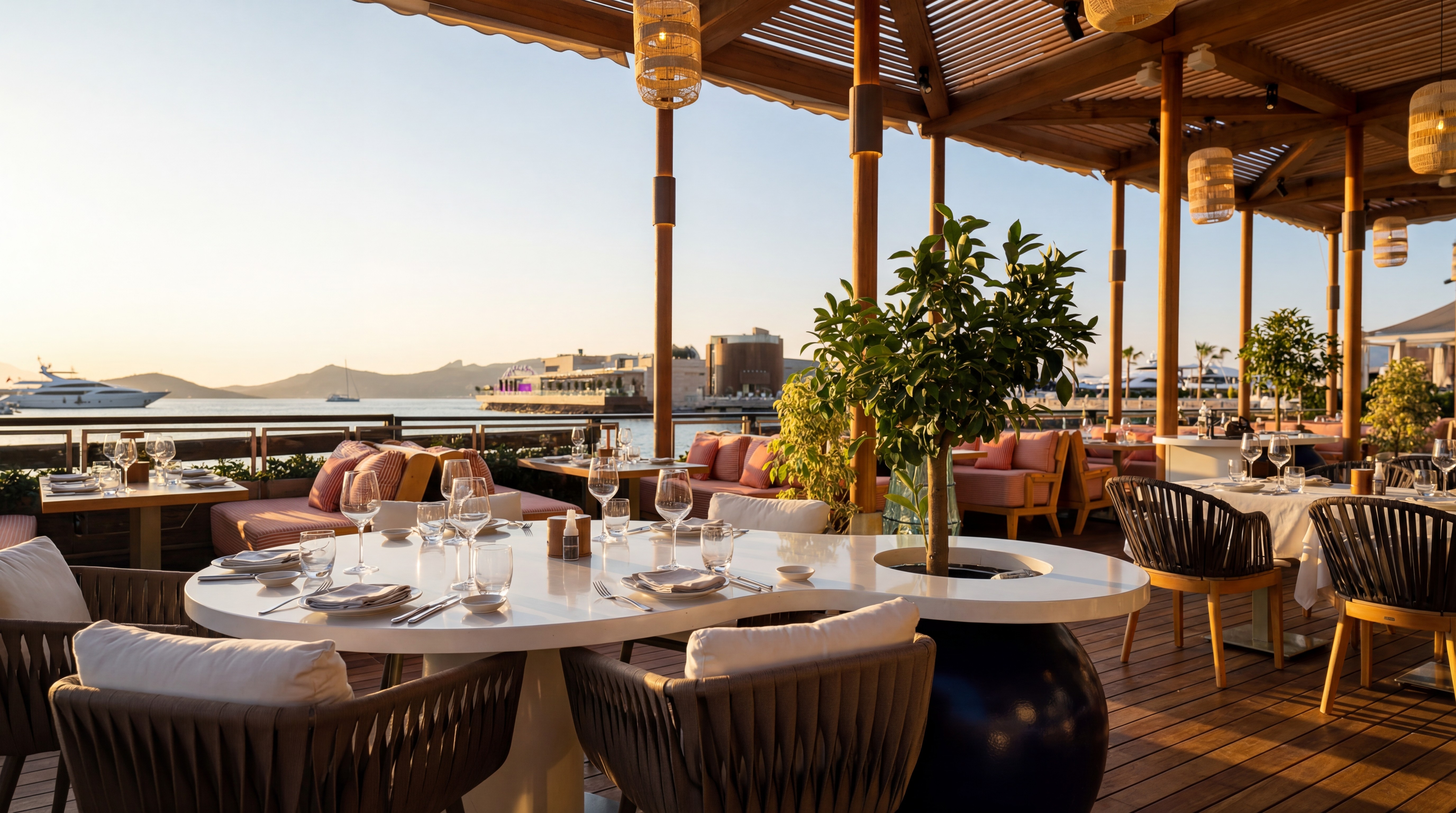 Luxury restaurant at Yalıkavak Marina Bodrum with yachts, sunset views, and evening dining scene