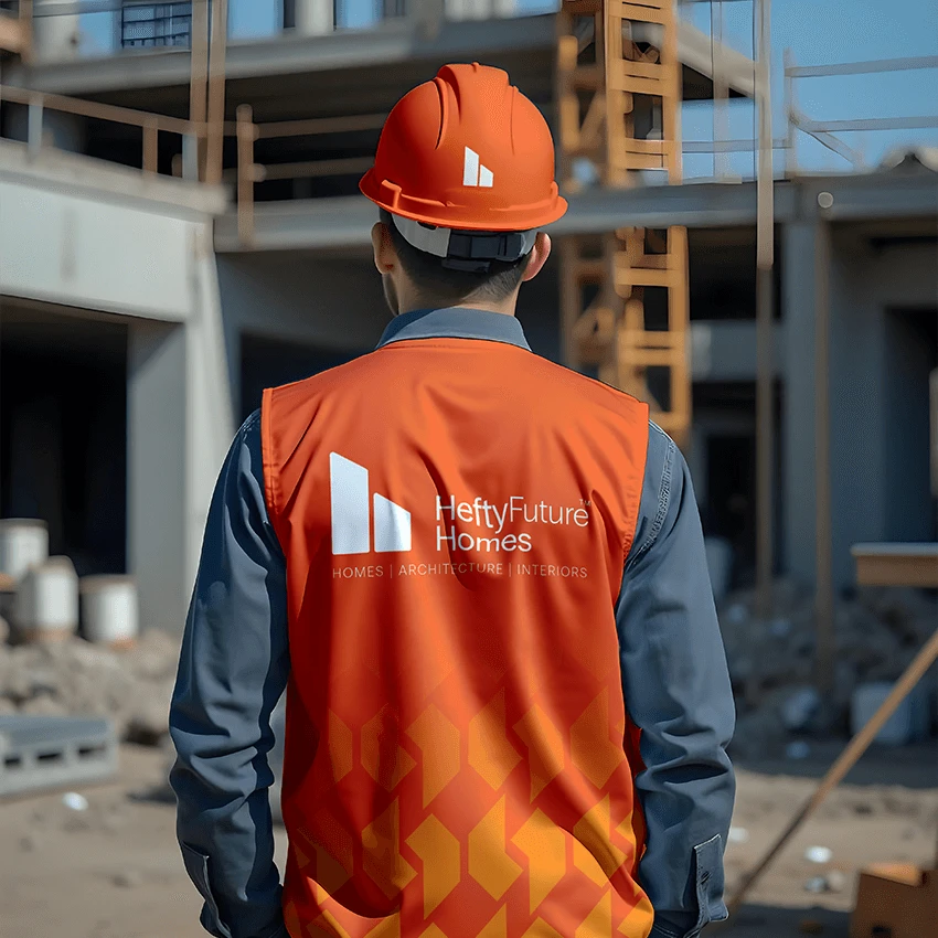 A worker seen from behind on a building site in an orange hard hat with the white monogram and an orange vest printed with the logo, "Homes | Architecture | Interiors" and a chevron pattern.