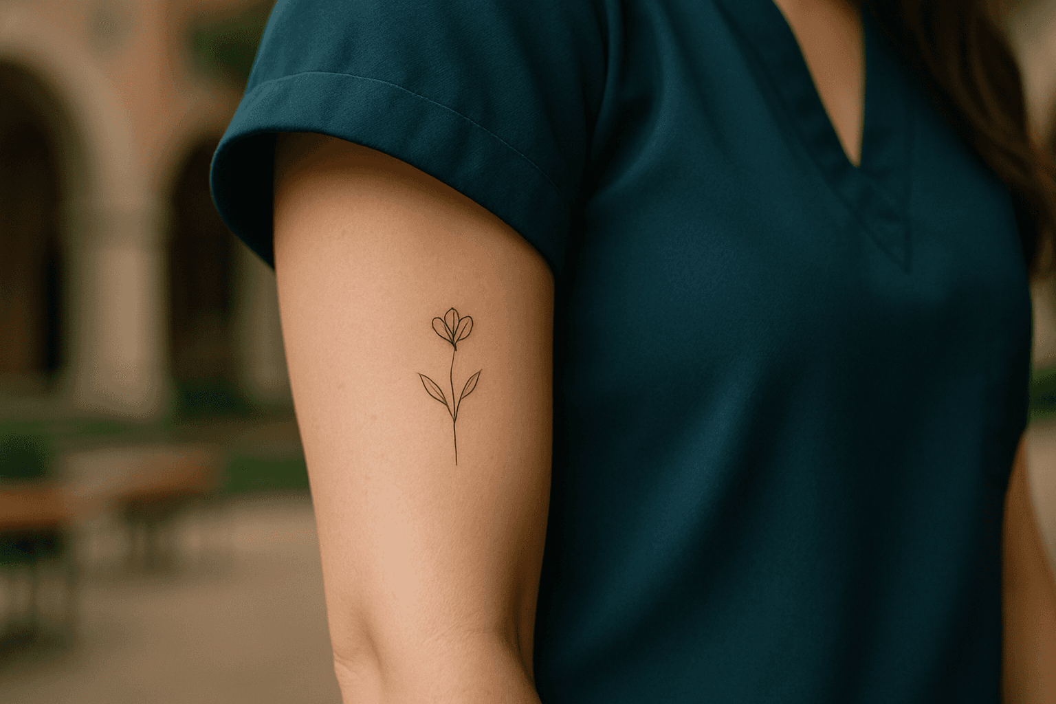 A nursing student wearing scrubs revealing a hidden fine-line tattoo on their inner bicep, a popular placement for professionals in Phoenix.