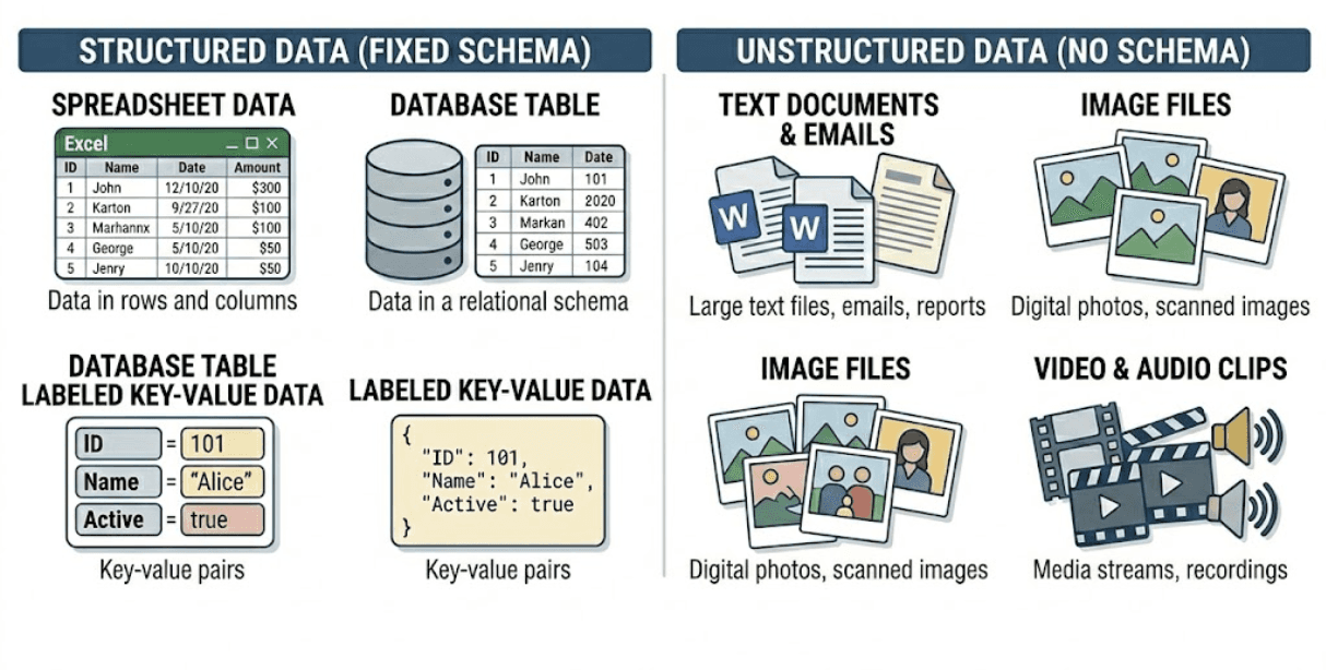 Common examples of structured data (fixed schema) versus unstructured data (no schema)