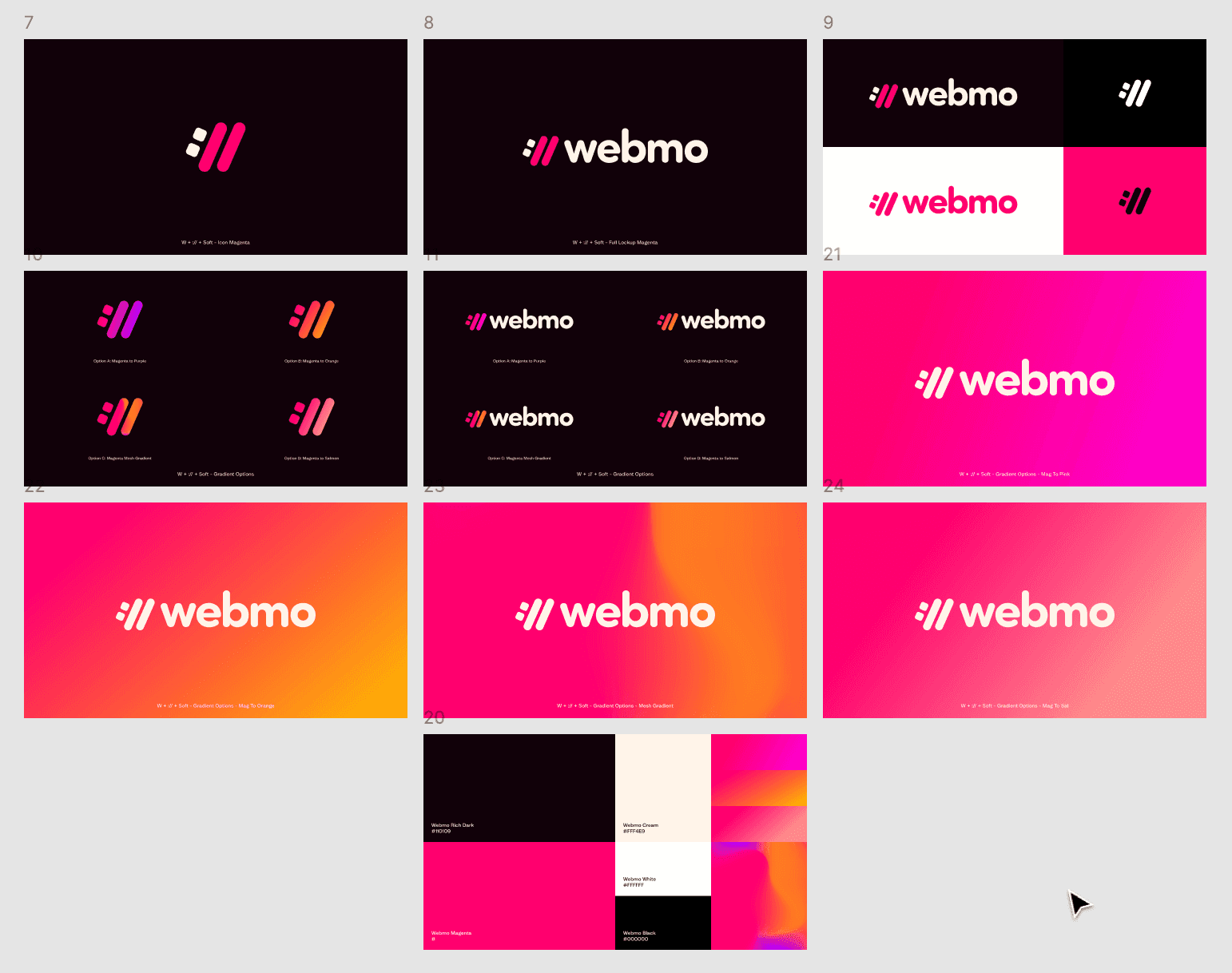 A screenshot from Adobe Illustrator showing the different iterations of the Webmo logo, a color palette, the different color variations, and different logo mark variations. 