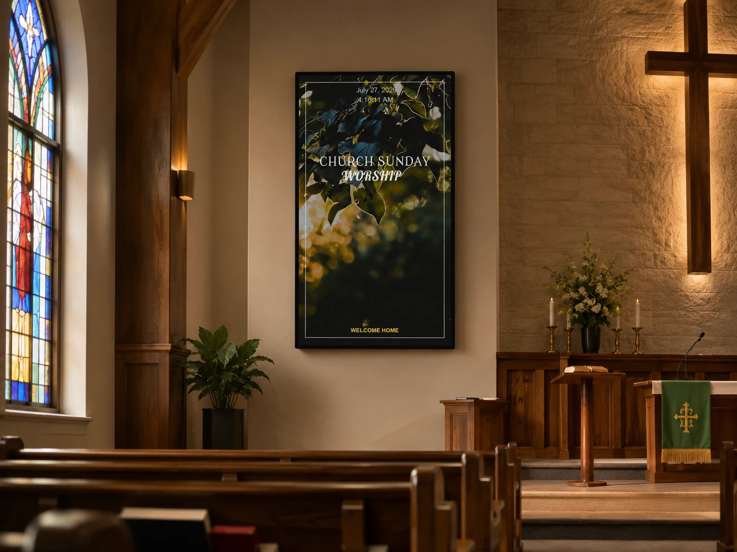 Digital signage display mounted inside a church sanctuary, welcoming visitors with Sunday worship information and announcements.