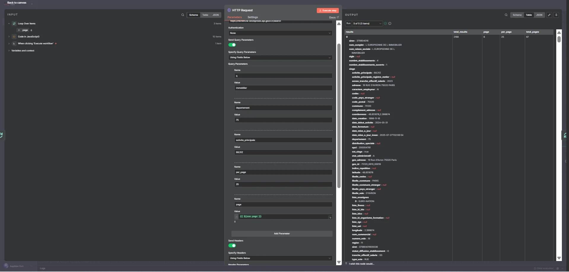 Appel dynamique à l’API Recherche Entreprises avec filtres secteur, zone et code APE. Permet d’extraire des données officielles et fiables en temps réel.