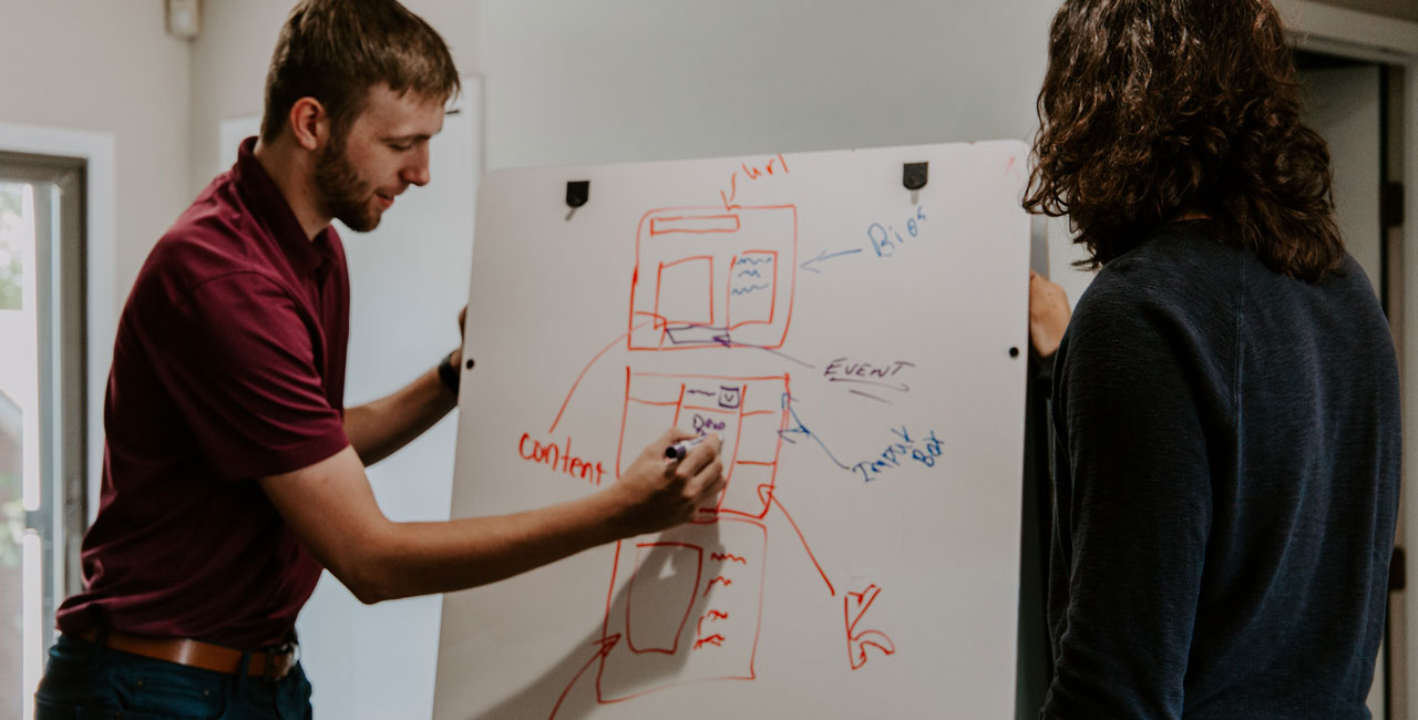 Two UX designers sketching a website wireframe and user flow diagram on a whiteboard