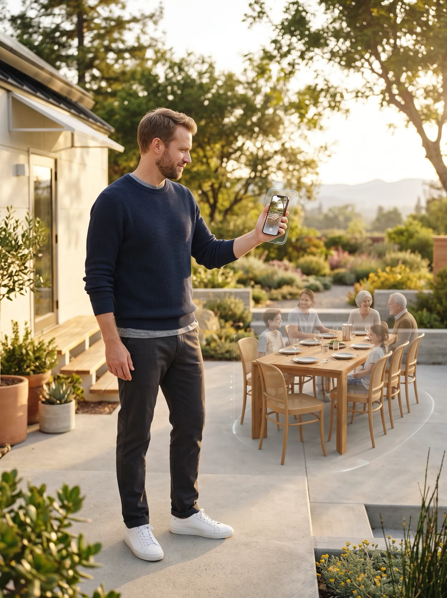 Homeowner using a smartphone to visualize a family dining area outdoors