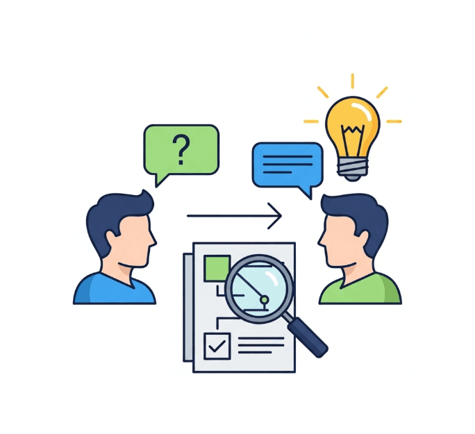 Discovery call icon showing two people exchanging information, with one asking a question and the other generating a bright idea, over a magnifying glass reviewing documents.