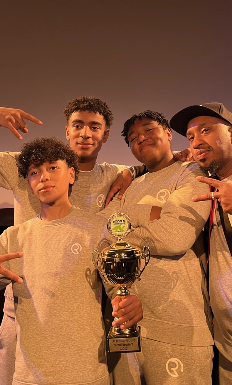 Groove Kings crew posing with a championship trophy