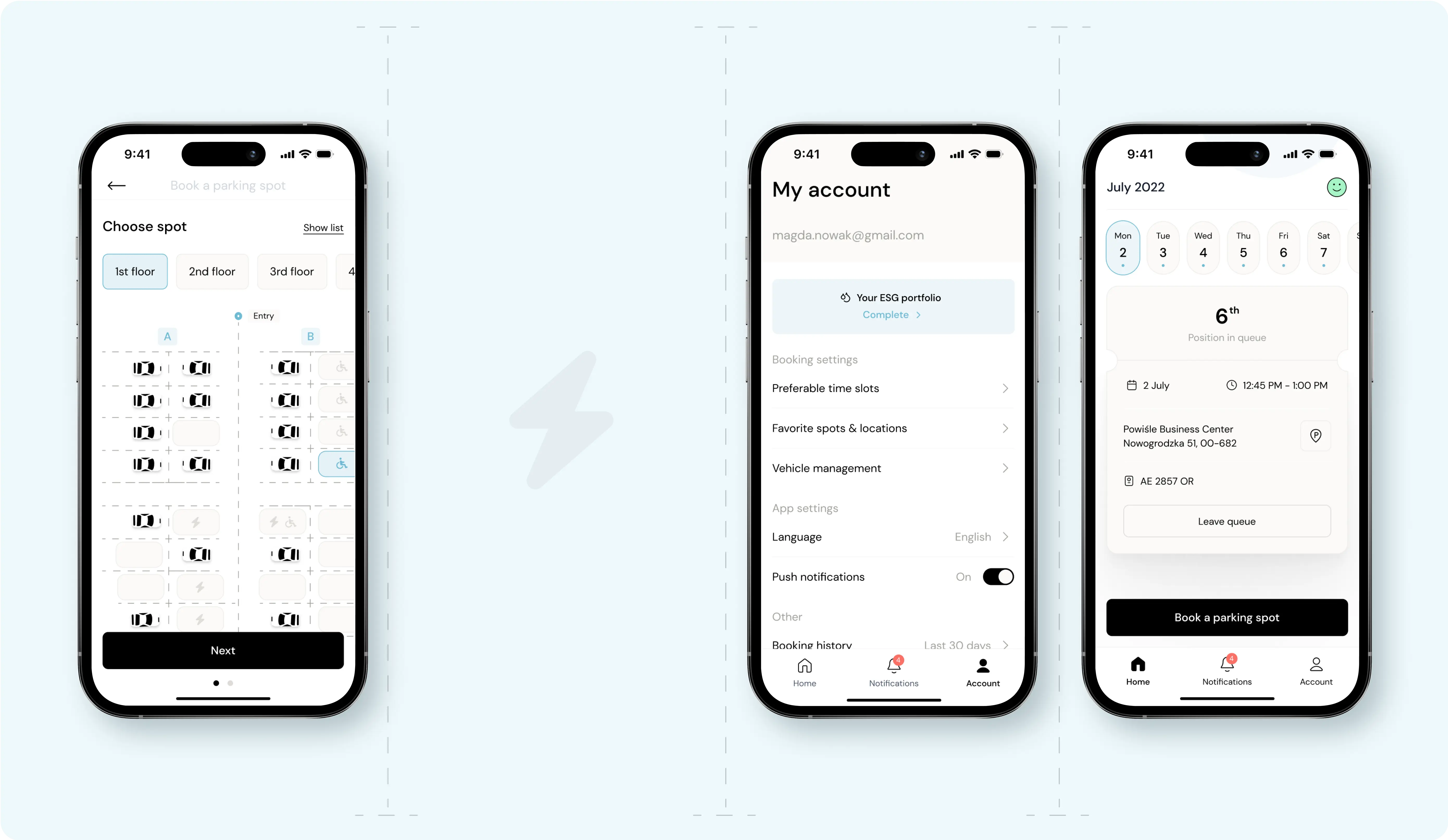 Three iPhone screens displaying different interfaces of a parking app. The first screen shows a 'Choose spot' map layout with various floors listed at the top and parking spots marked on a grid. The second screen displays 'My account' settings, including email, booking settings, app settings, and other options like push notifications and booking history. The third screen shows a booking queue for July 2022, indicating the user's position in the queue, booking details, and a button to 'Leave queue' or 'Book a parking spot' at the bottom.