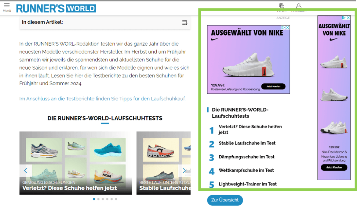Ein Screenshot eines RUNNER'S WORLD Artikels mit Werbeanzeigen von Schuhen am Rand.
