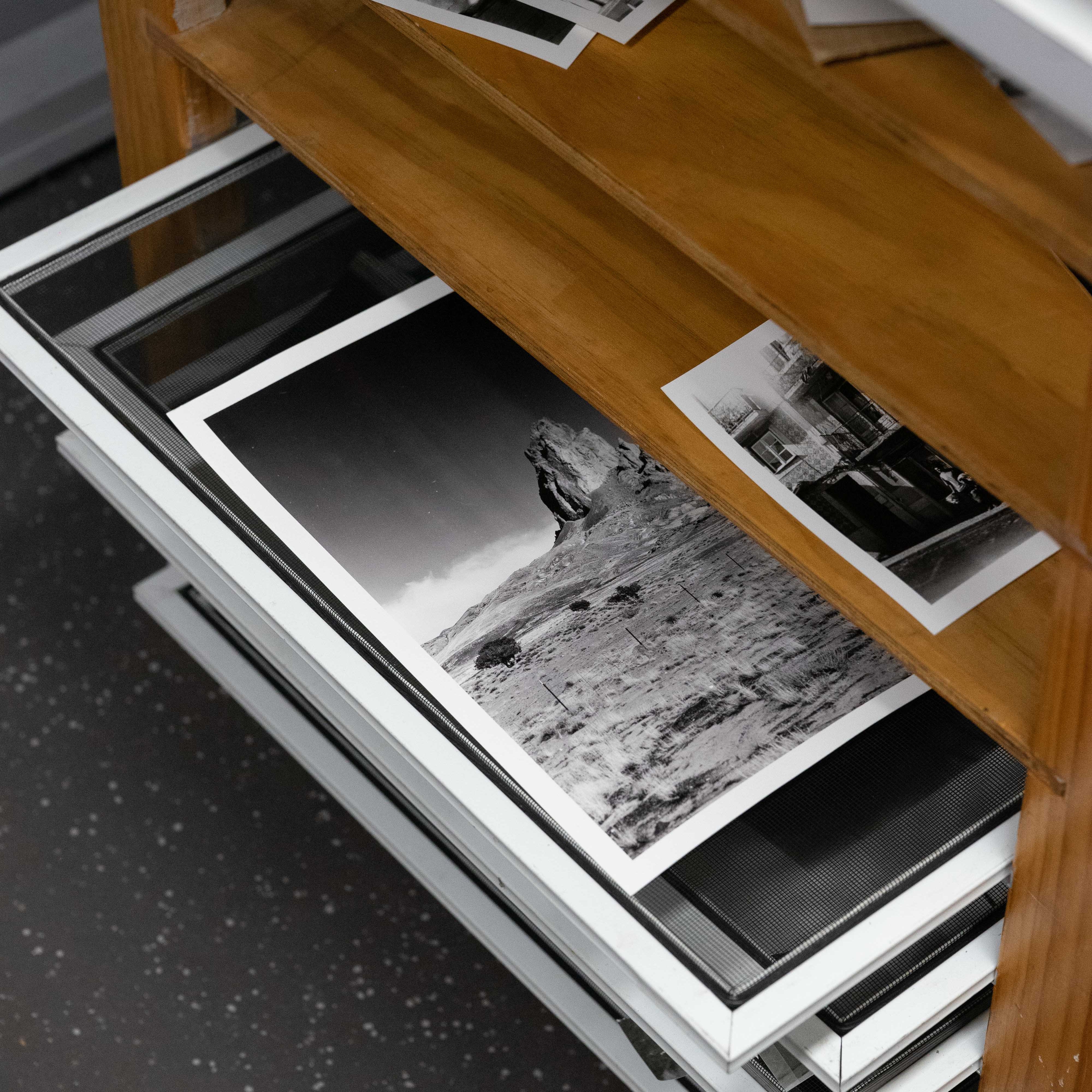 Darkroom dry rack with black and white photography prints