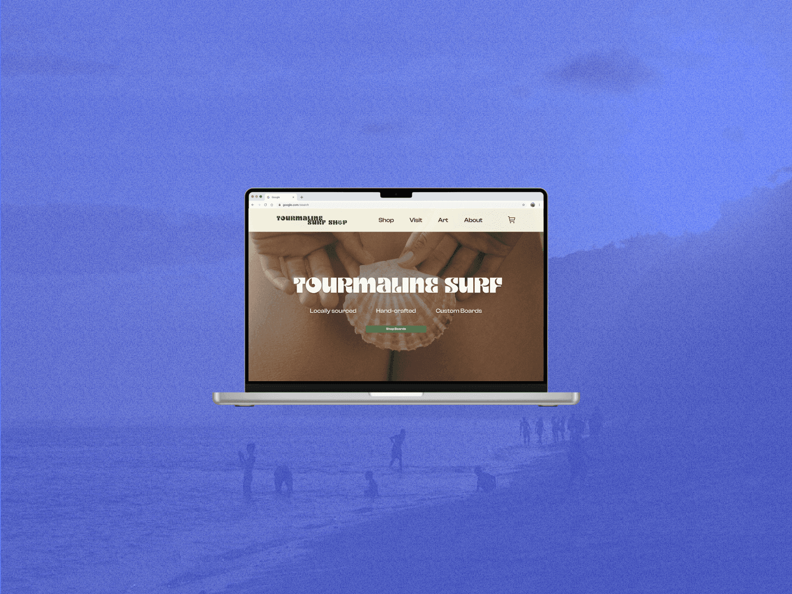 a laptop open to tourmaline surf shop's website homepage over an abstract blue background