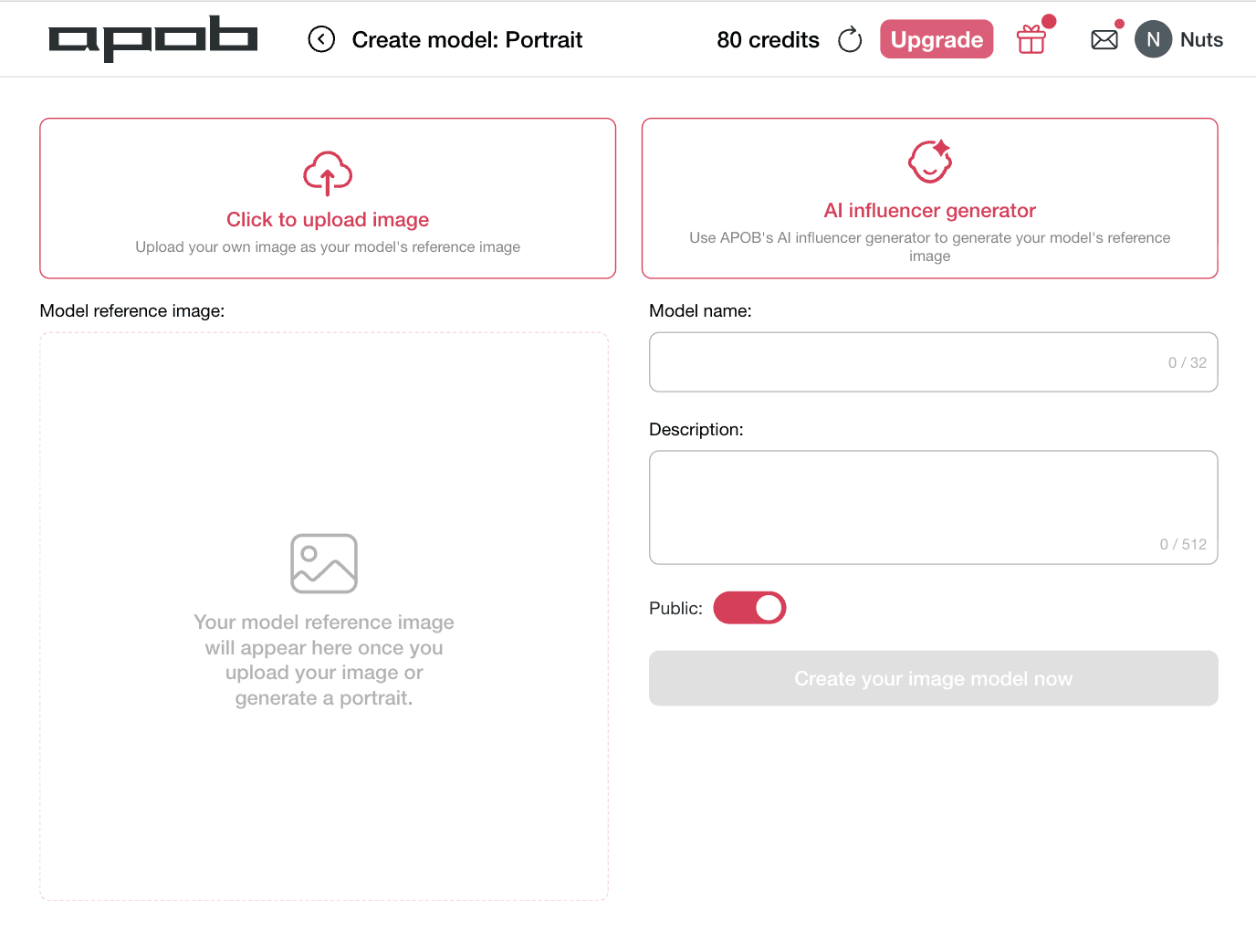 Interface APOB AI de création de modèles pour personnages publicitaires personnalisés.