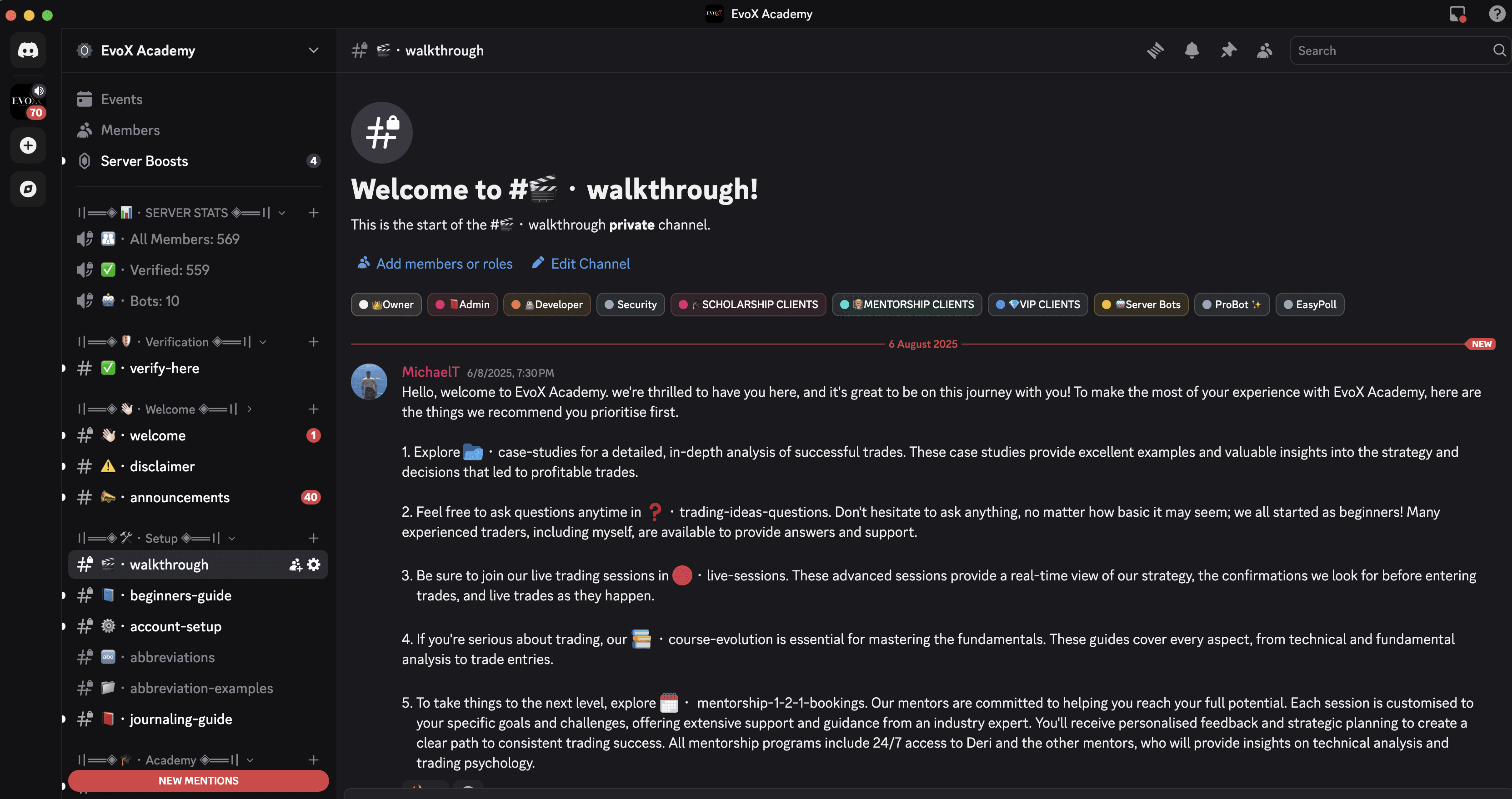 Screenshot of Evo X Discord community channel showing member discussions, walkthroughs, and support