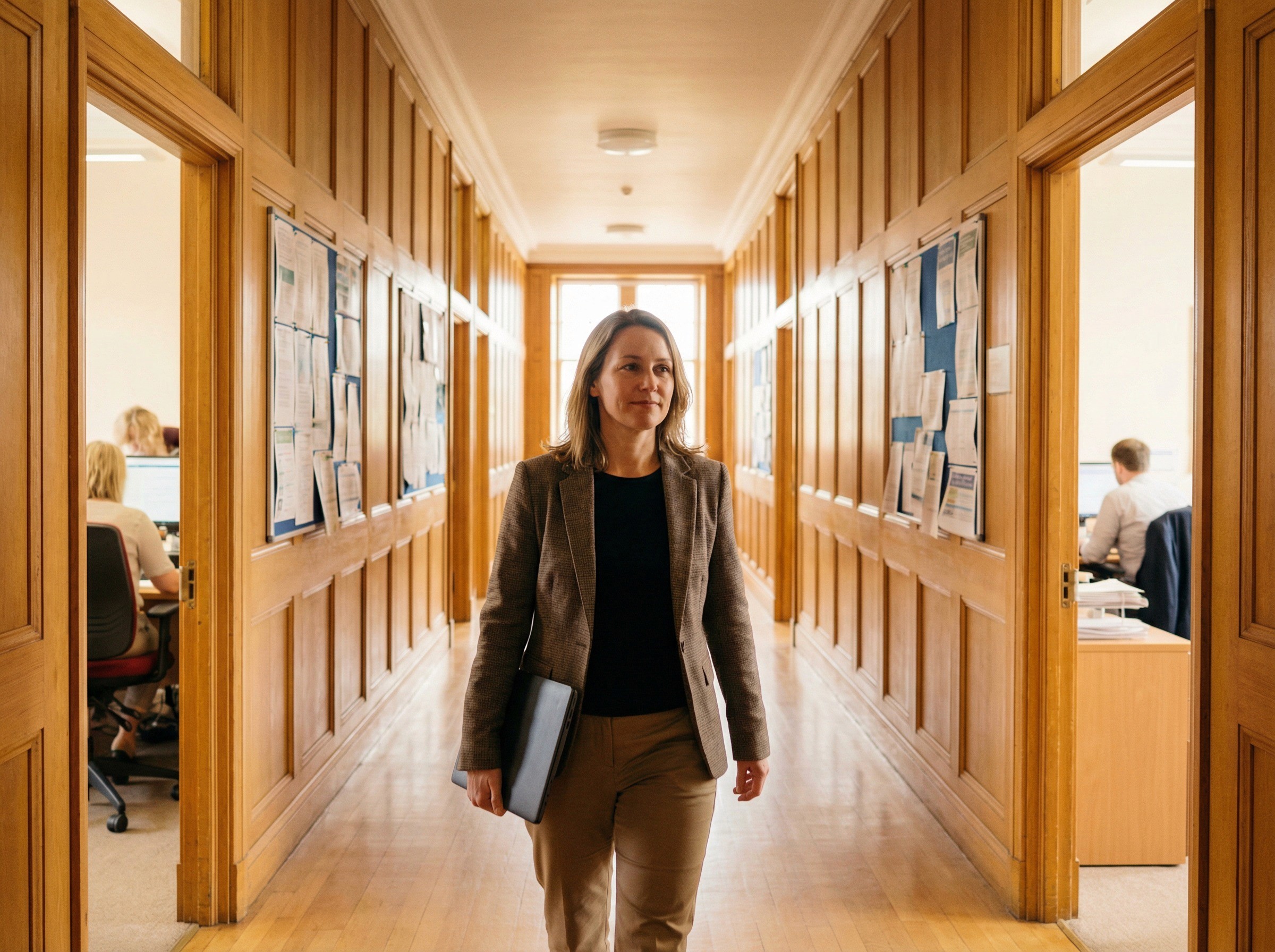 A people-and-culture director in her early 40s walking down a long, sunlit corridor in a mid-sized education facility — a school or university administration building. She is mid-stride, carrying a closed laptop under one arm, looking ahead with a calm, purposeful expression. The corridor has warm timber details and notice boards on the walls. Doors to offices and meeting rooms are open along the corridor, with glimpses of people working inside. 