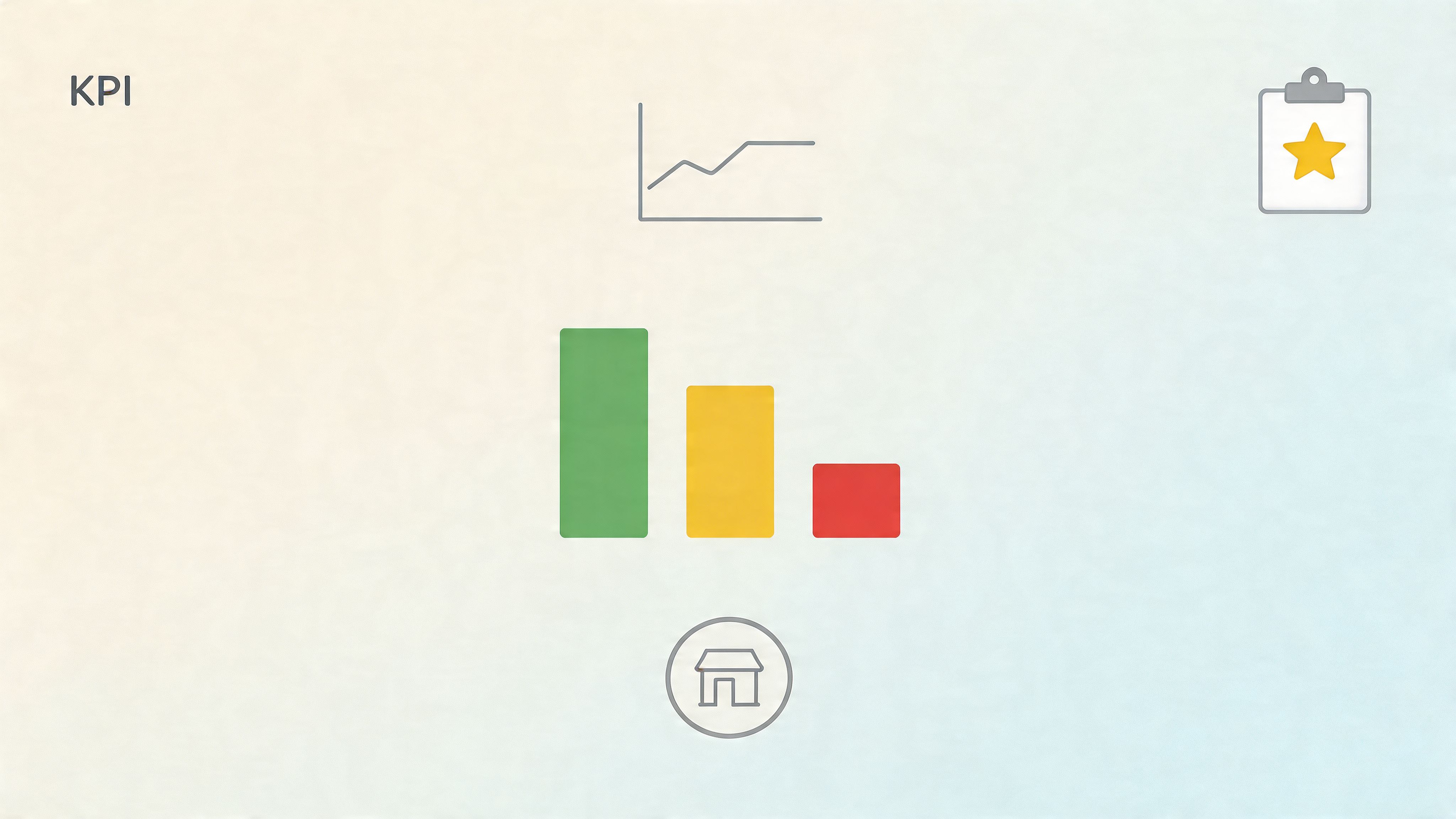 A minimalist graphic depicting KPI metrics with a line chart, bar chart, and a clipboard icon.