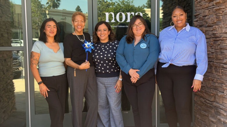 NORA team from left to right: Kathy Serna (Victim Advocate), Adriane Lamar Snider (CEO), Karla Saucedo (Director of Operations), Natalie Knox (Program Support Advocate), LaPorscha Lopez (Mental Health Coordinator)