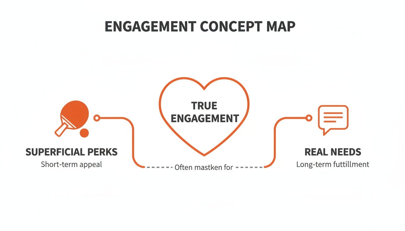 A concept map showing true engagement, superficial perks with short-term appeal, and real needs with long-term fulfillment.