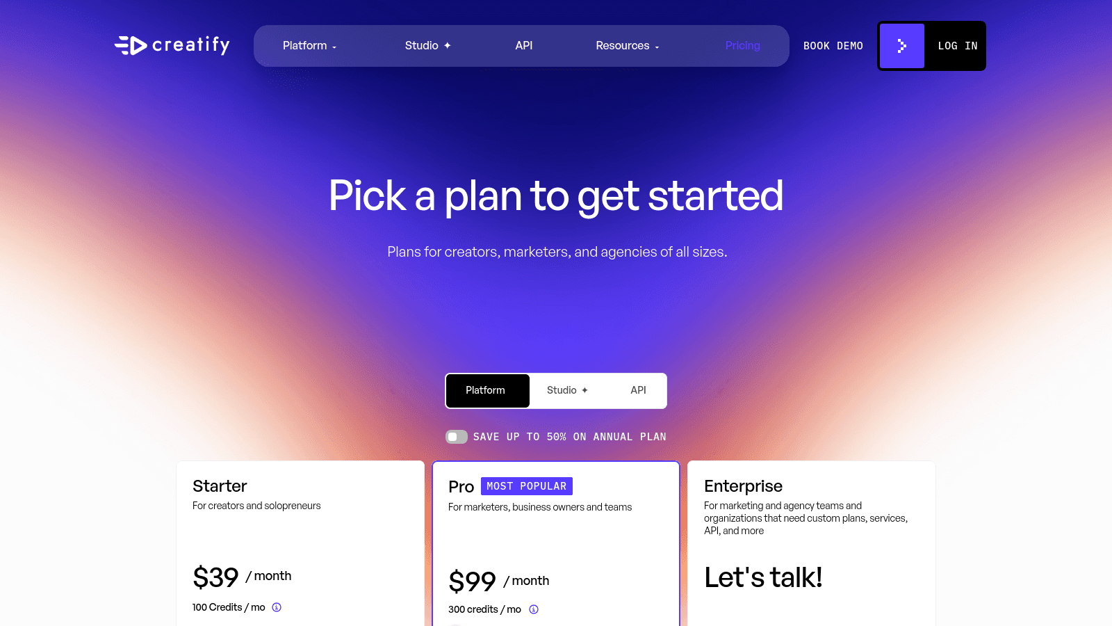 Creatify pricing page showing subscription plans for Starter, Pro, and Enterprise options against a gradient background.