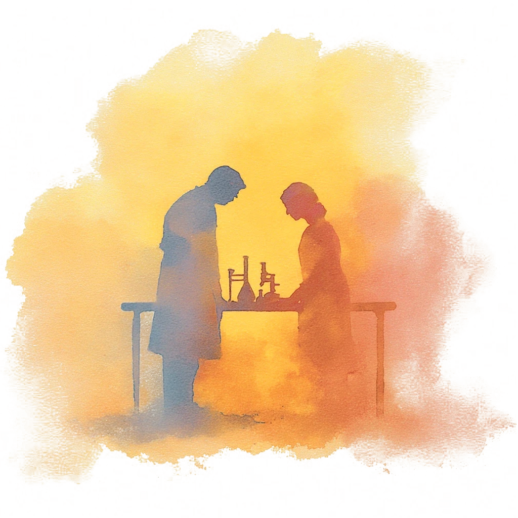Watercolor illustration of two scientists looking through microscopes