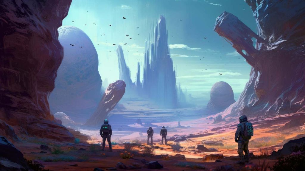 Vector illustration scene of astronauts on a rocky planet.