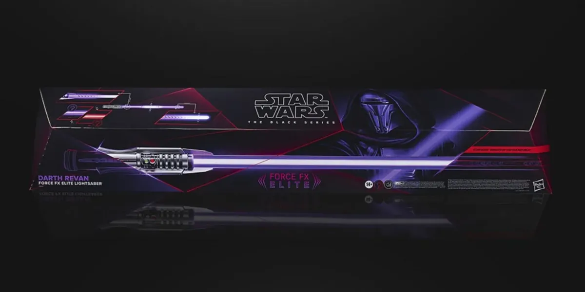 Revan's Force FX Lightsaber box from Hasbro. The side of the box shows the silver hilt with a purple blade coming from it