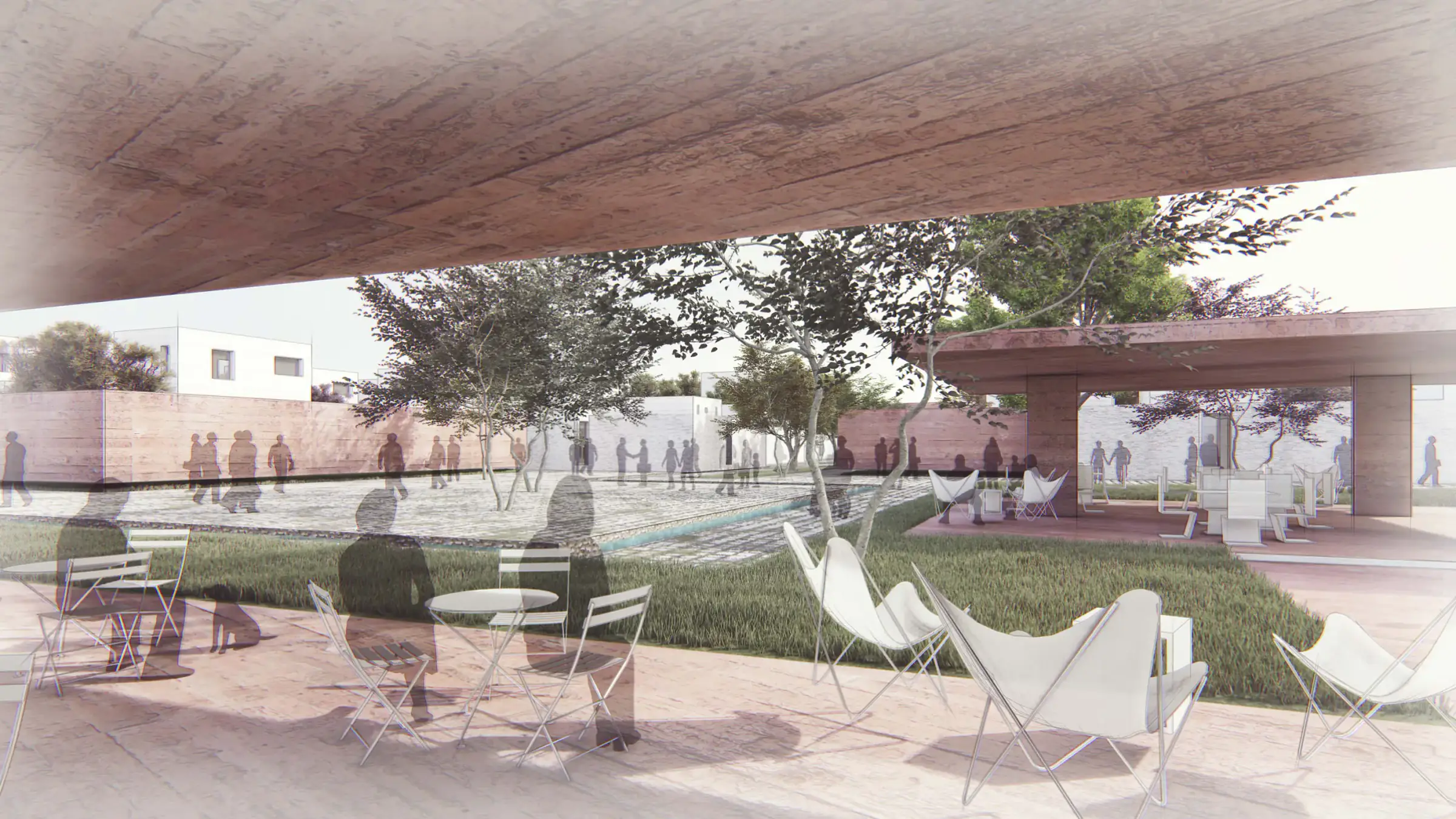 View from under a canopy to the shared garden and seating area