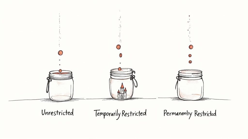 Illustration shows jars demonstrating resource collection under unrestricted, temporarily restricted, and permanently restricted conditions.