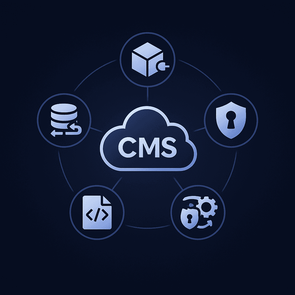 Central CMS node linked to icons for schema, headless delivery, guardrails, governance and LLMs.txt