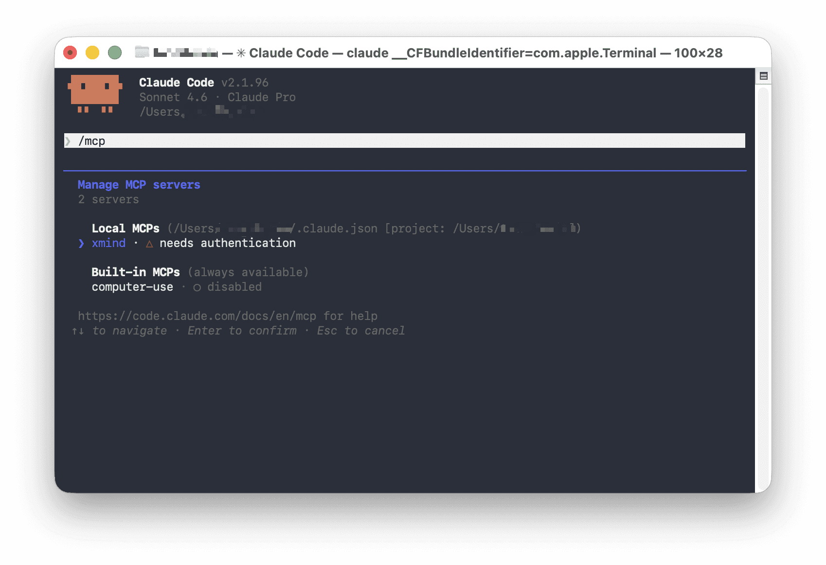 Claude Code terminal flow showing the Xmind MCP Server added with the command.