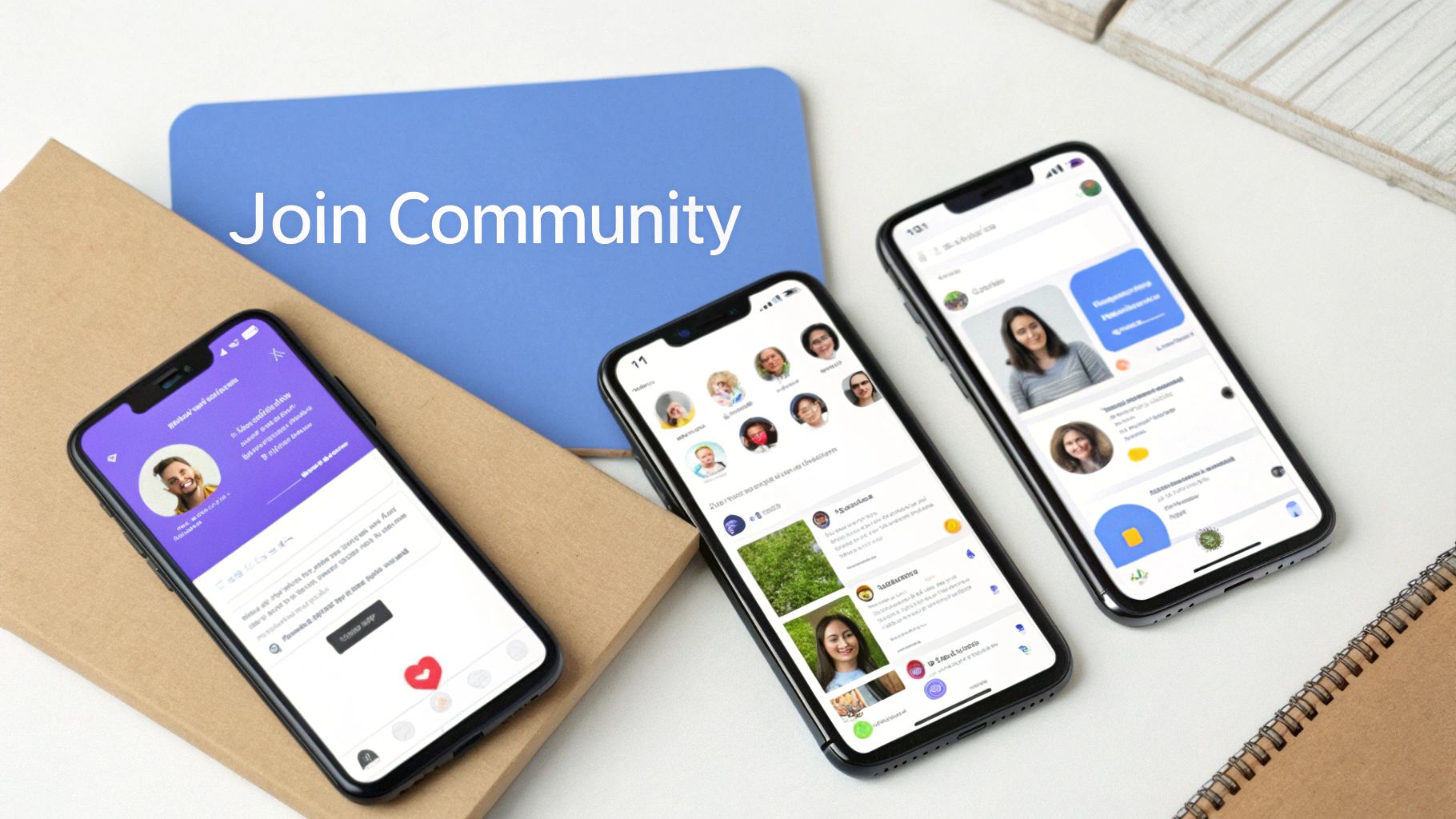 Three smartphones displaying engaging community app interfaces with a prominent 'Join Community' sign.