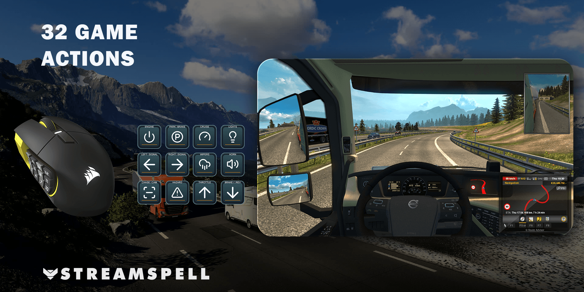 Euro Truck Simulator 2 gameplay beside SCIMITAR mouse controls and matching command artwork