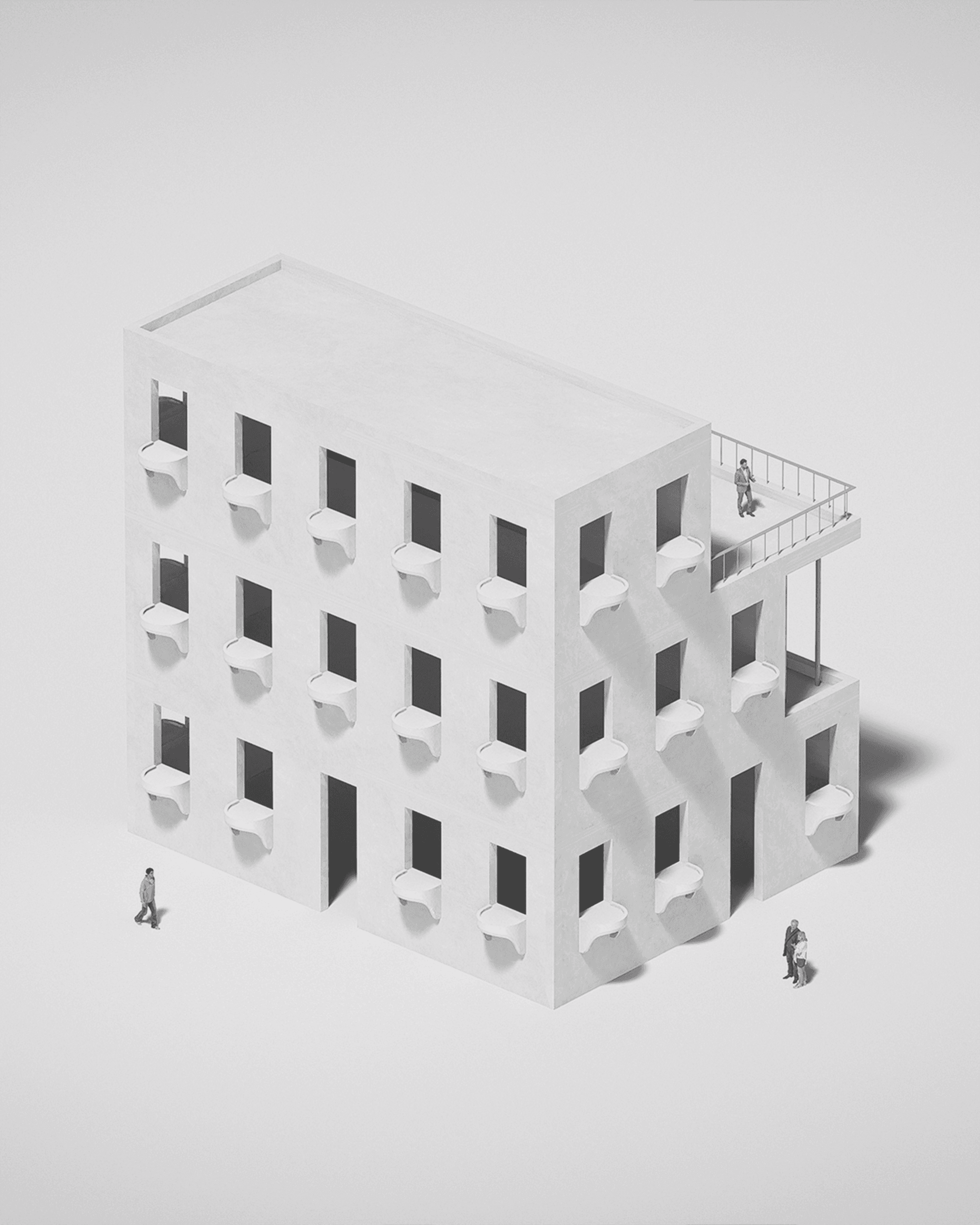 Minimalist facade with red window and striped awning on a white stucco wall under a clear blue sky.