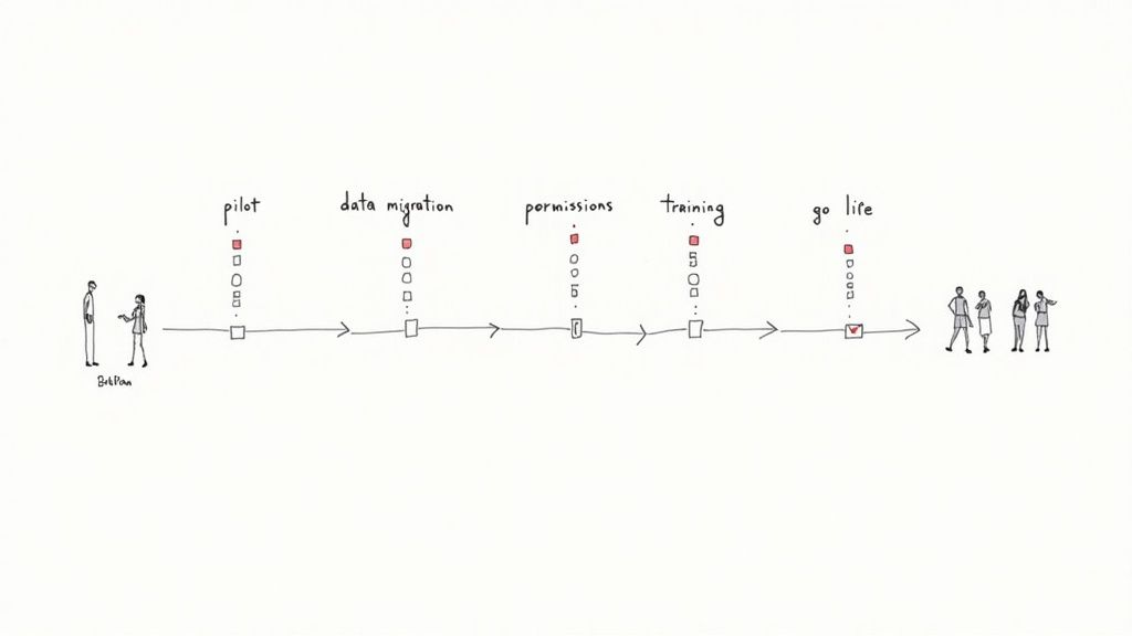 A person at a desk drawing out a step-by-step implementation plan on a large piece of paper.
