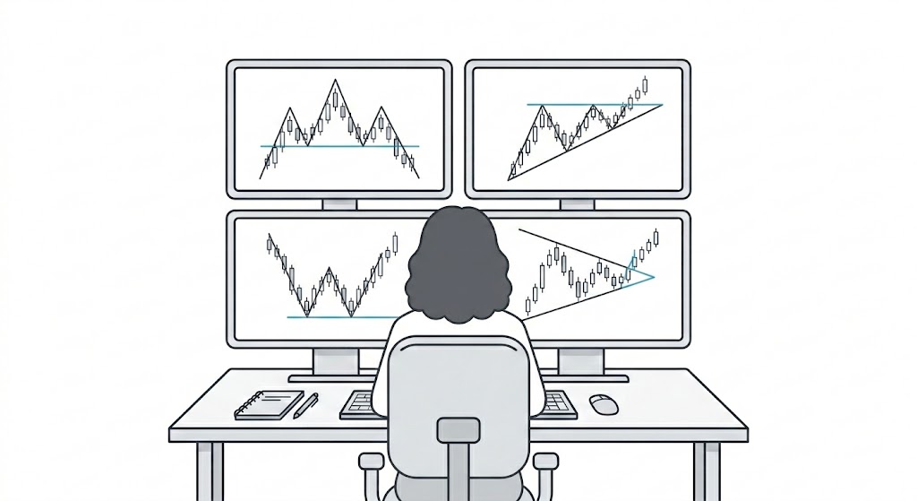 A trader looking at charts on four different monitors