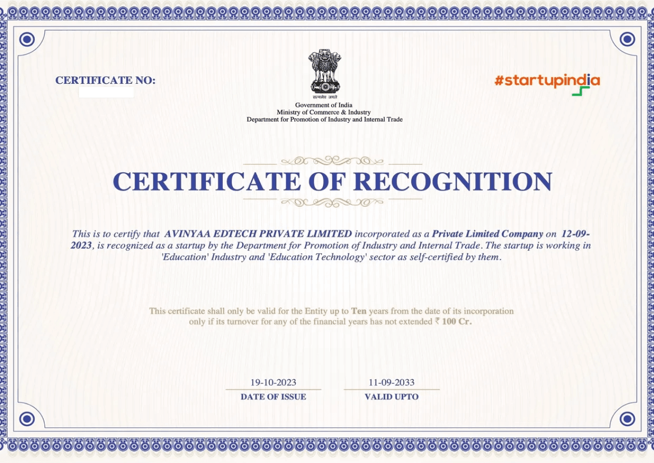 Avinyaa EdTech StartupIndia Certificate