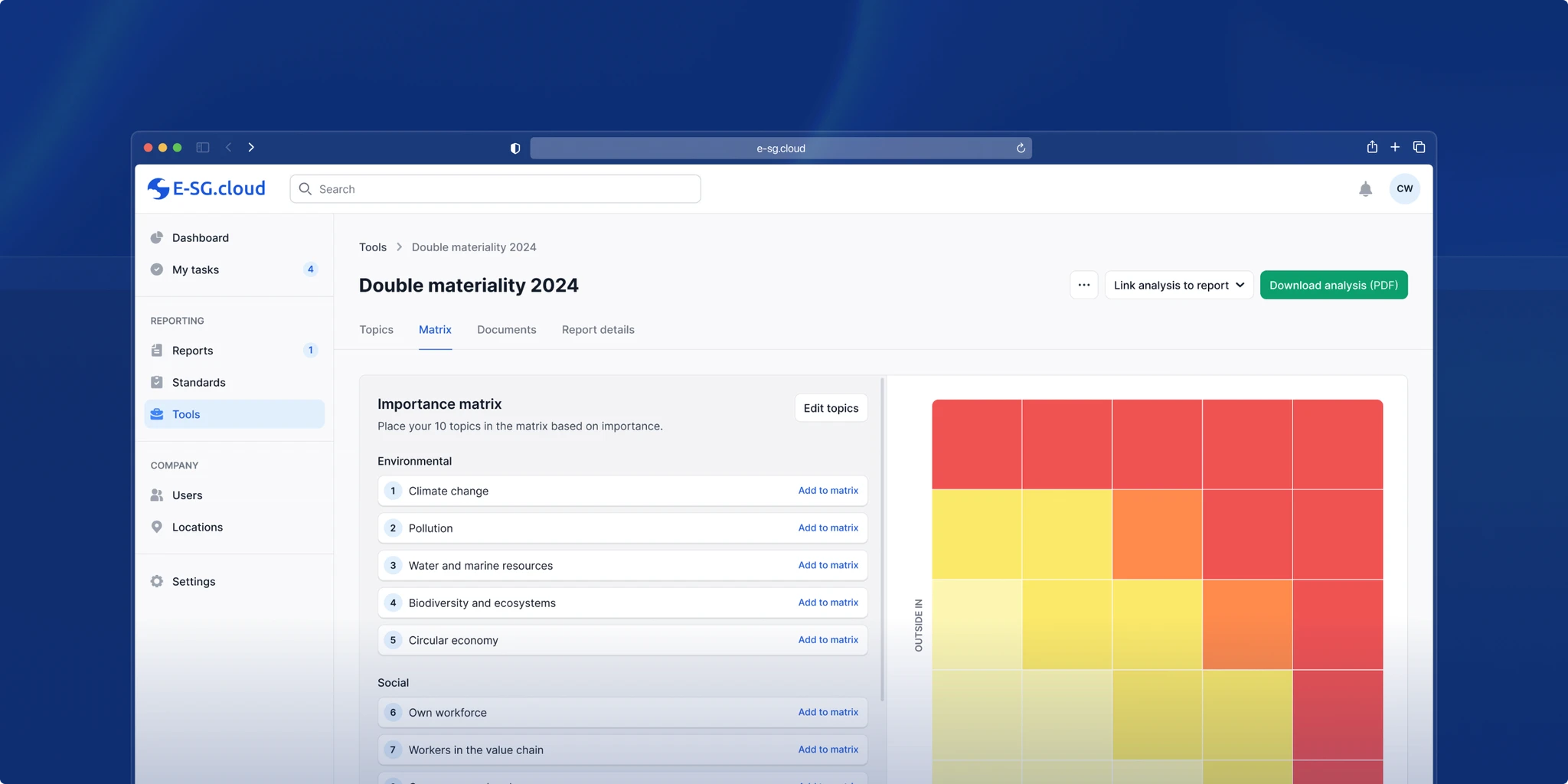 E-SG Cloud software showing a double materiality matrix and a sidebar menu for navigating tools and reports.