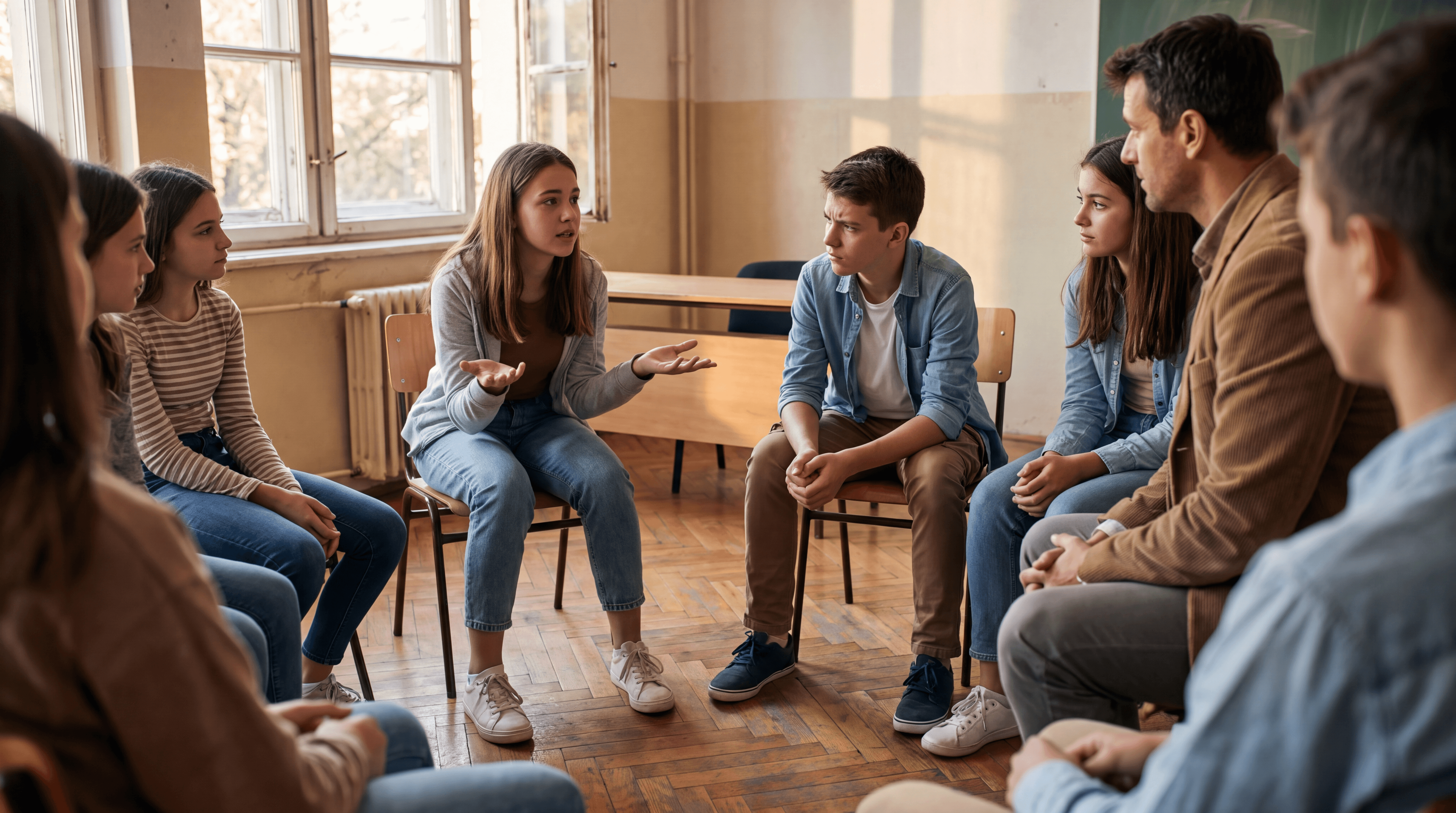 Students and their teacher engage in a debate in a circle; one girl presents her argument while a classmate listens with reservations