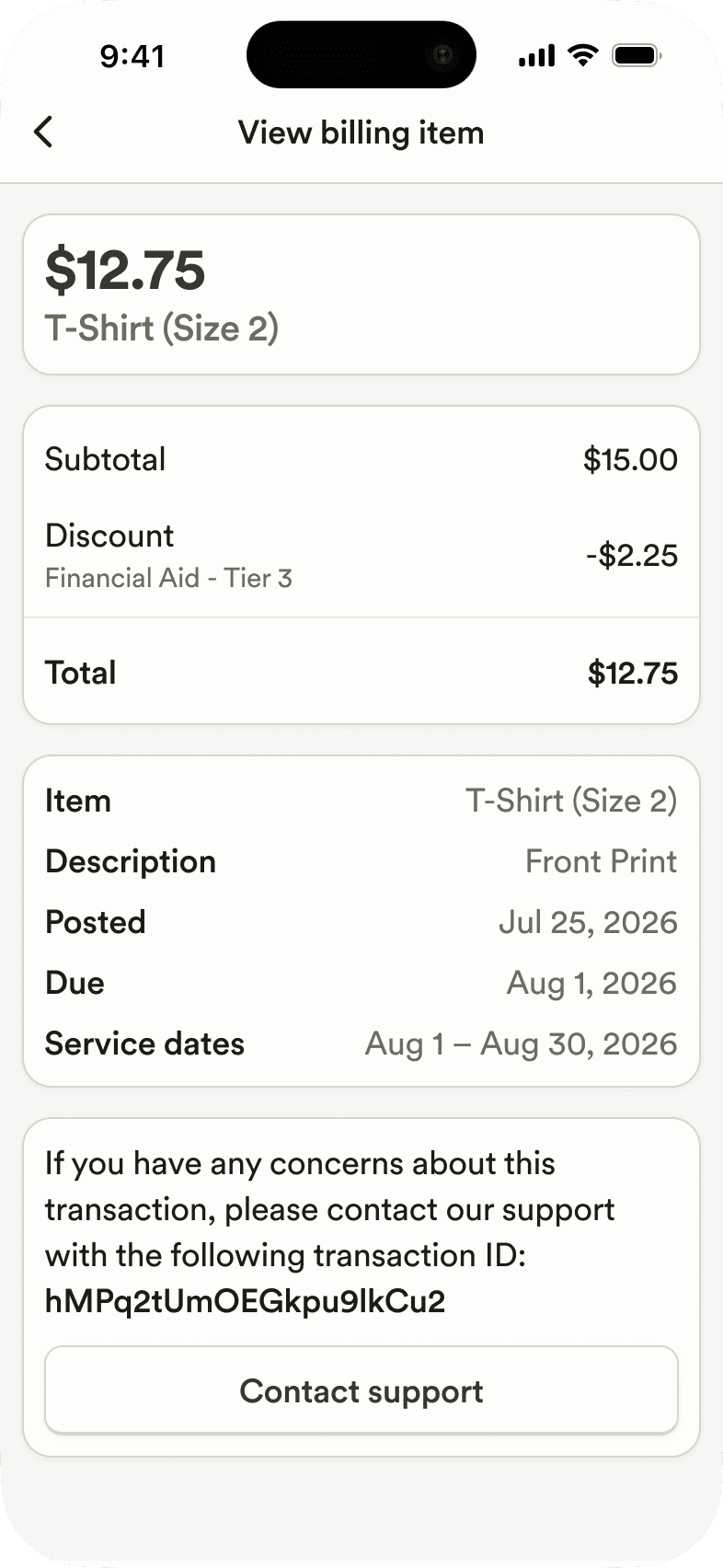 Mobile billing items
