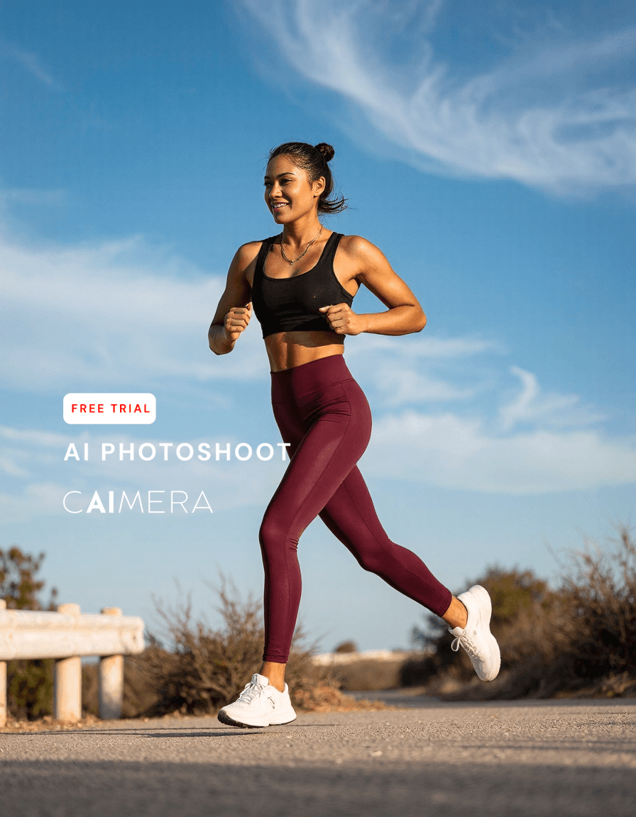 Athletic figure jogging on a path during golden hour, wearing burgundy leggings and black sports top with white sneakers against blue sky