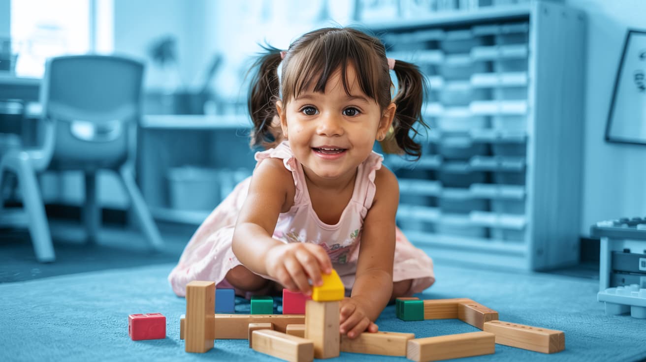 Smiling toddler with pigtails playing with colorful wooden blocks on the floor of a bright, cheerful speech therapy playroom—symbolizing early development and joyful learning.