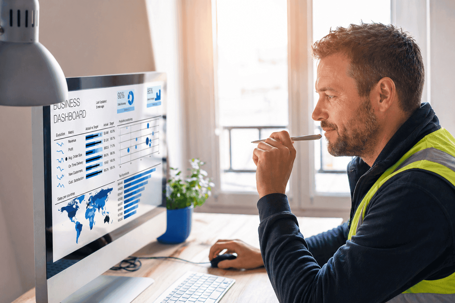 A tradie checking business performance using a metrics dashboard