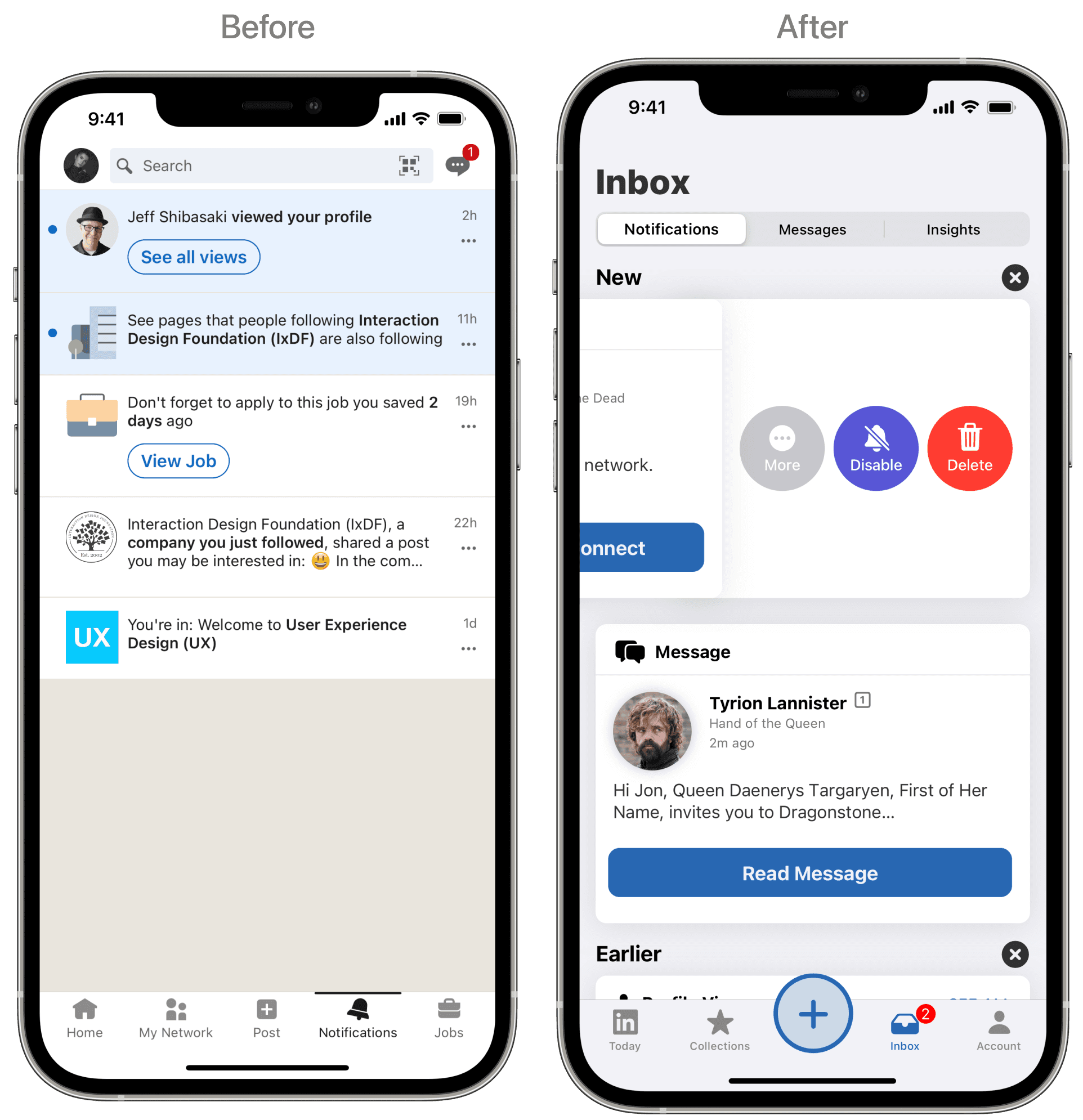 LinkedIn Notifications and Inbox screens before and after the redesign