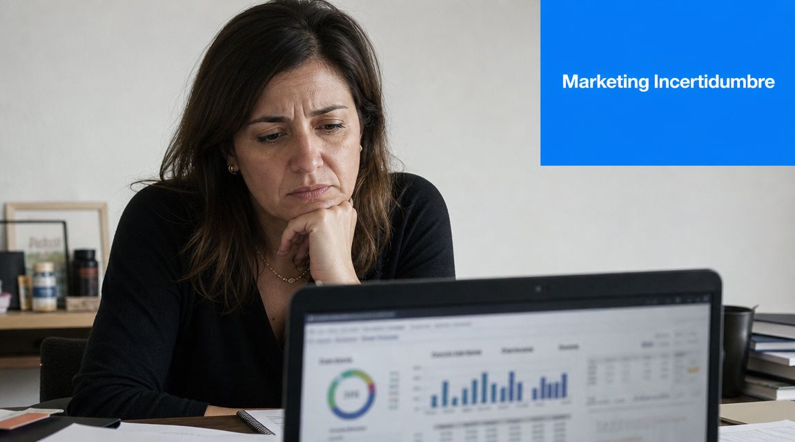 Una mujer con expresión preocupada observa gráficos de rendimiento empresarial en la pantalla de su computadora portátil.