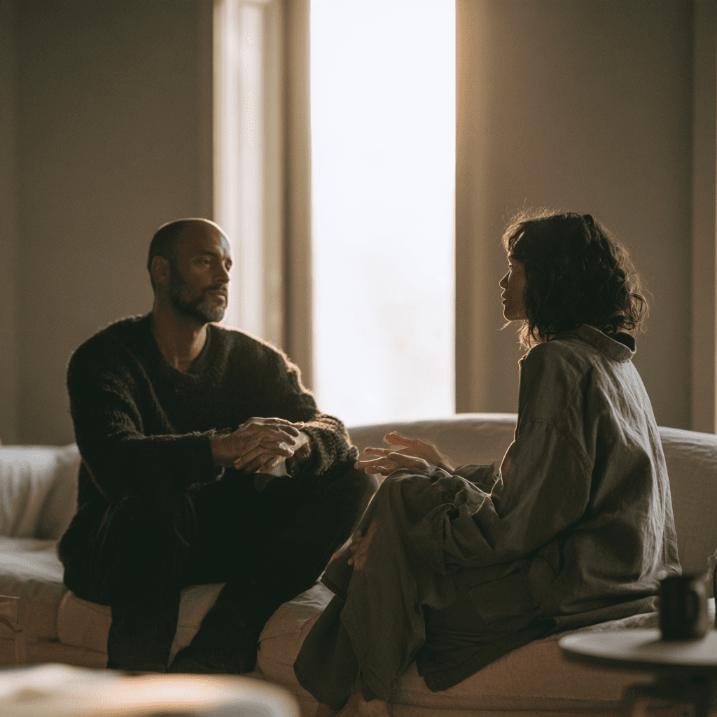 A couple sitting on a sofa facing each other in a sunlit living room during a serious conversation