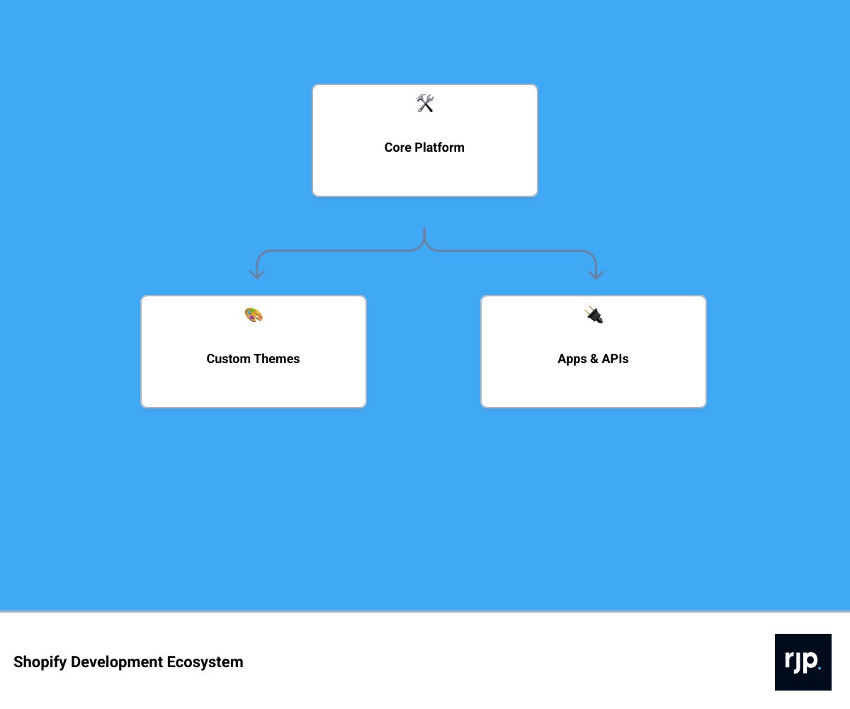 Shopify development ecosystem overview infographic showing themes, apps, APIs, and integrations infographic