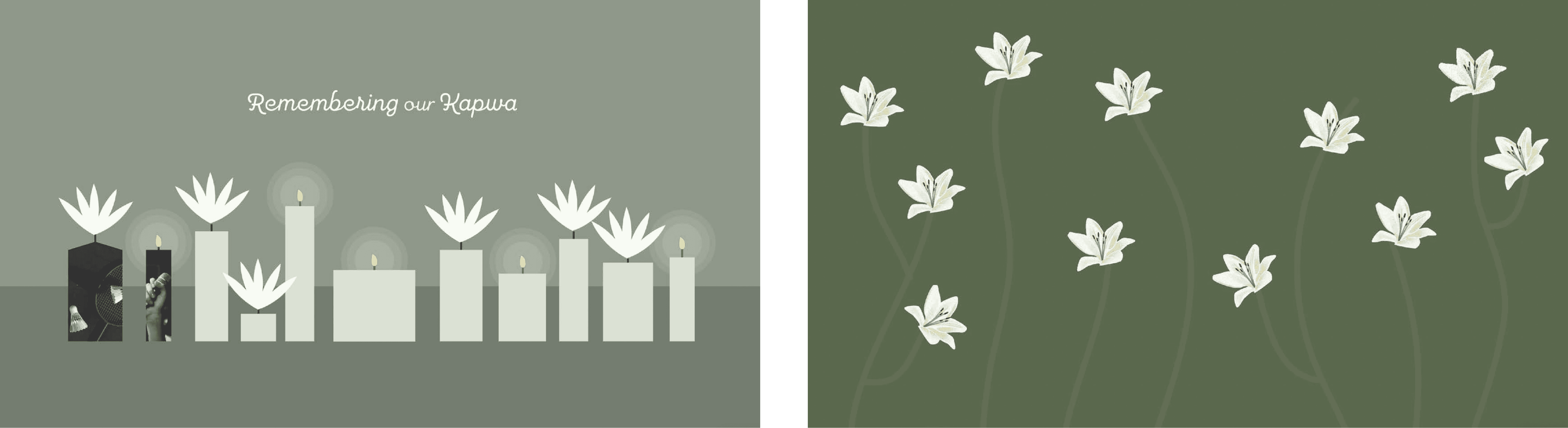 Styleframes. The first contains flowers and candles in a row against a green background. The second contains flowers growing upwards.