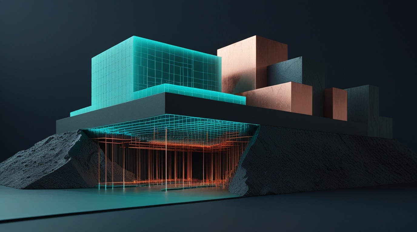 Abstract 3D foundation structure with teal wireframe supports transitioning to solid copper geometric forms on dark navy background