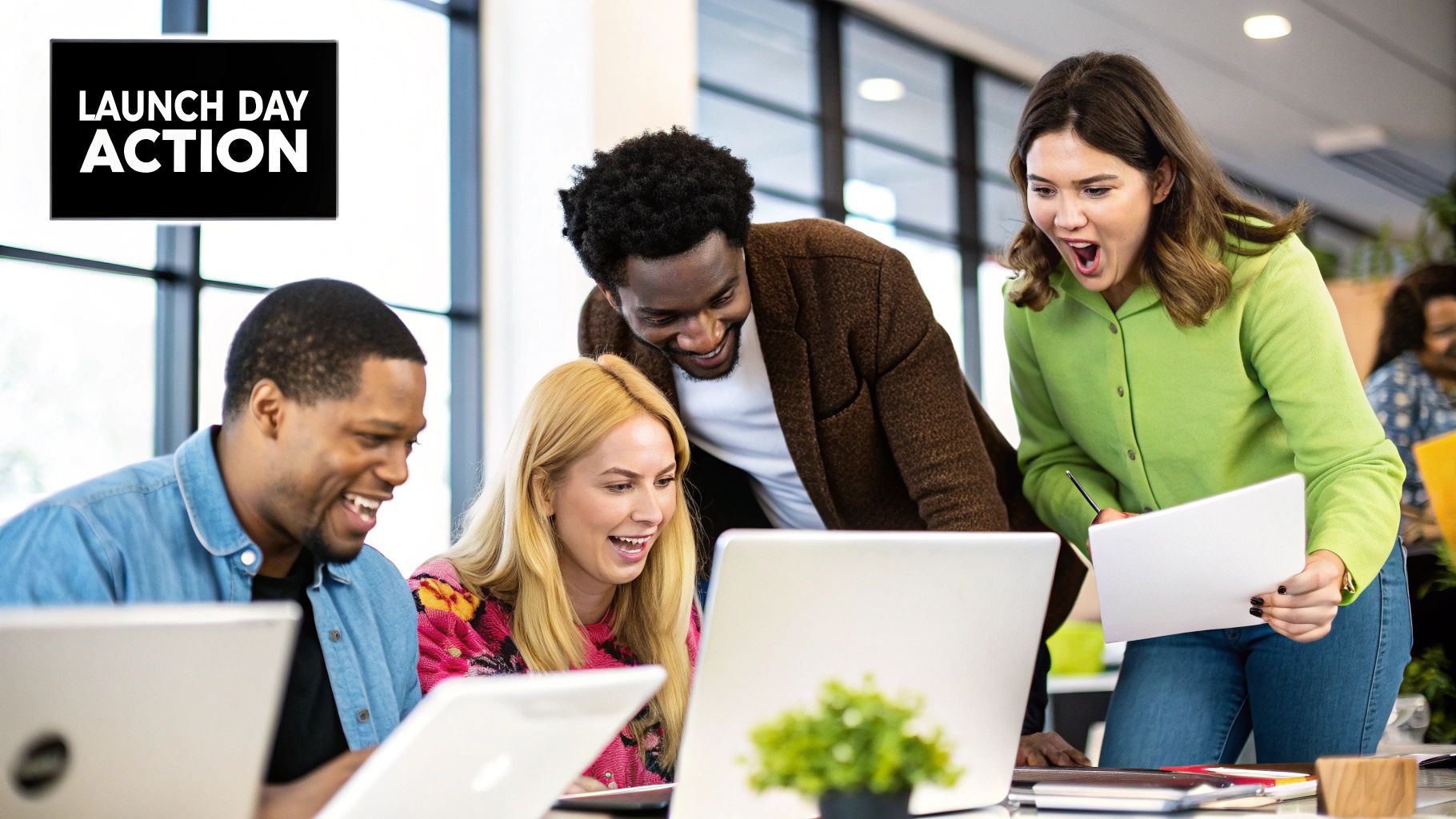 A team collaborating on their Product Hunt launch day strategy.