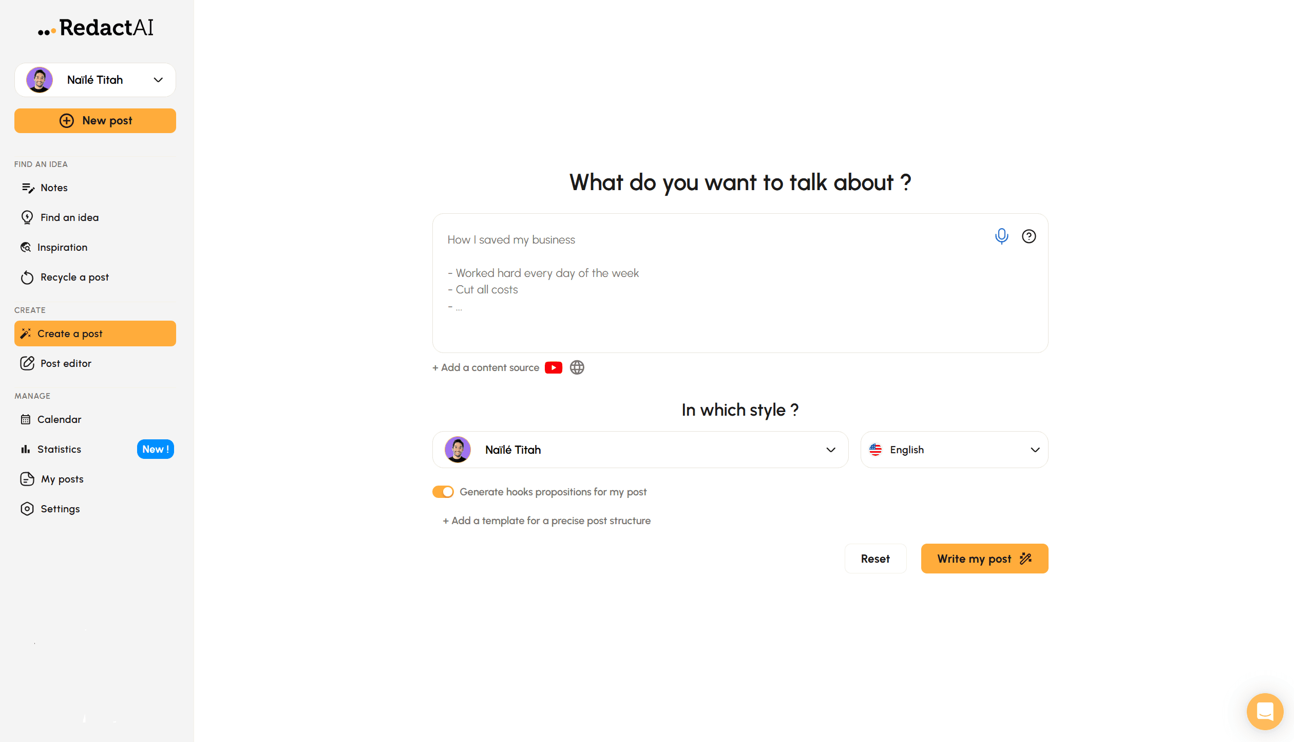 RedactAI's dashboard, presenting the user with its LinkedIN post generator